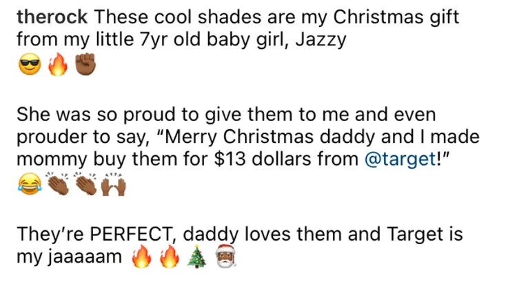 巨石強森的這篇分享文不忘tag零售賣場Target的官方帳號，越看越像業配文。翻攝therock IG