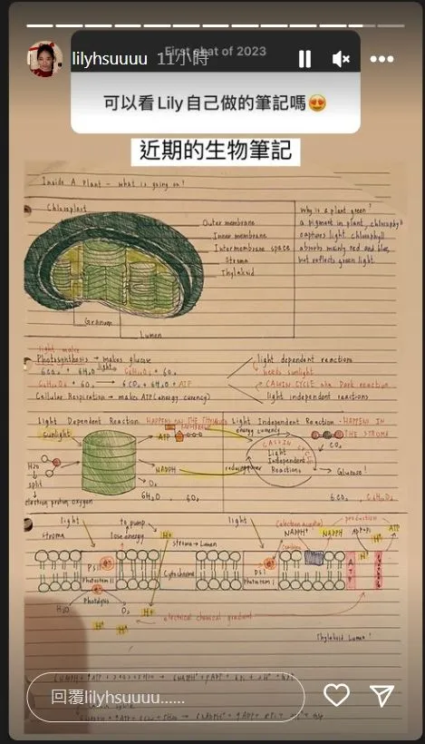 Lily日前才曬出全英文生物筆記。翻攝Lily IG