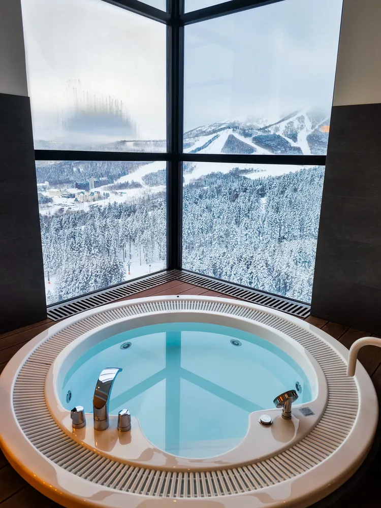衛浴空間設有可賞窗外雪景的按摩浴缸。田欣雲攝