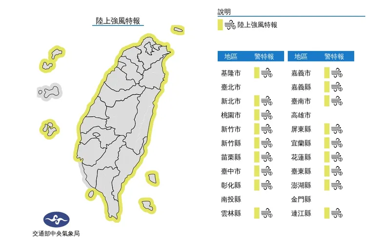 19縣市發布陸上強風特報。氣象局提供