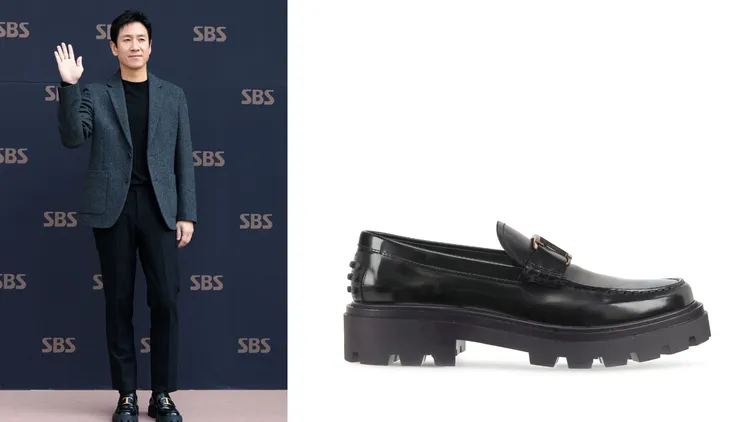 在《寄生上流》中飾演富家男主人的韓星李善均（左，翻攝OSEN網站），也穿上TOD’S樂福鞋為質感加分；TOD’S T Timeless黑色樂福鞋（右，品牌提供），2萬7900元。