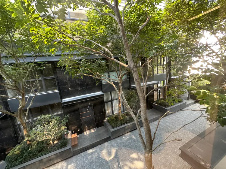 中庭有高約8米的紅花風鈴木，搭配大面玻璃帷幕設計，可與自然保有最親近的距離，引景入室。王鈞生攝