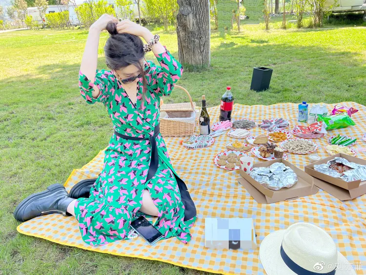 劉亦菲身穿DVF印花洋裝搭配Stuart Weitzman黑色短靴野餐去。翻攝劉亦菲微博