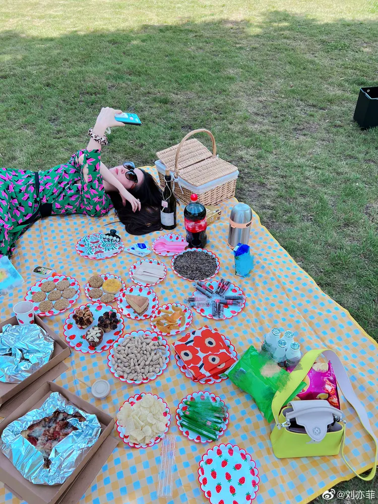 她的野餐配備相當講究，使用了芬蘭品牌Marimekko的餐巾。翻攝劉亦菲微博