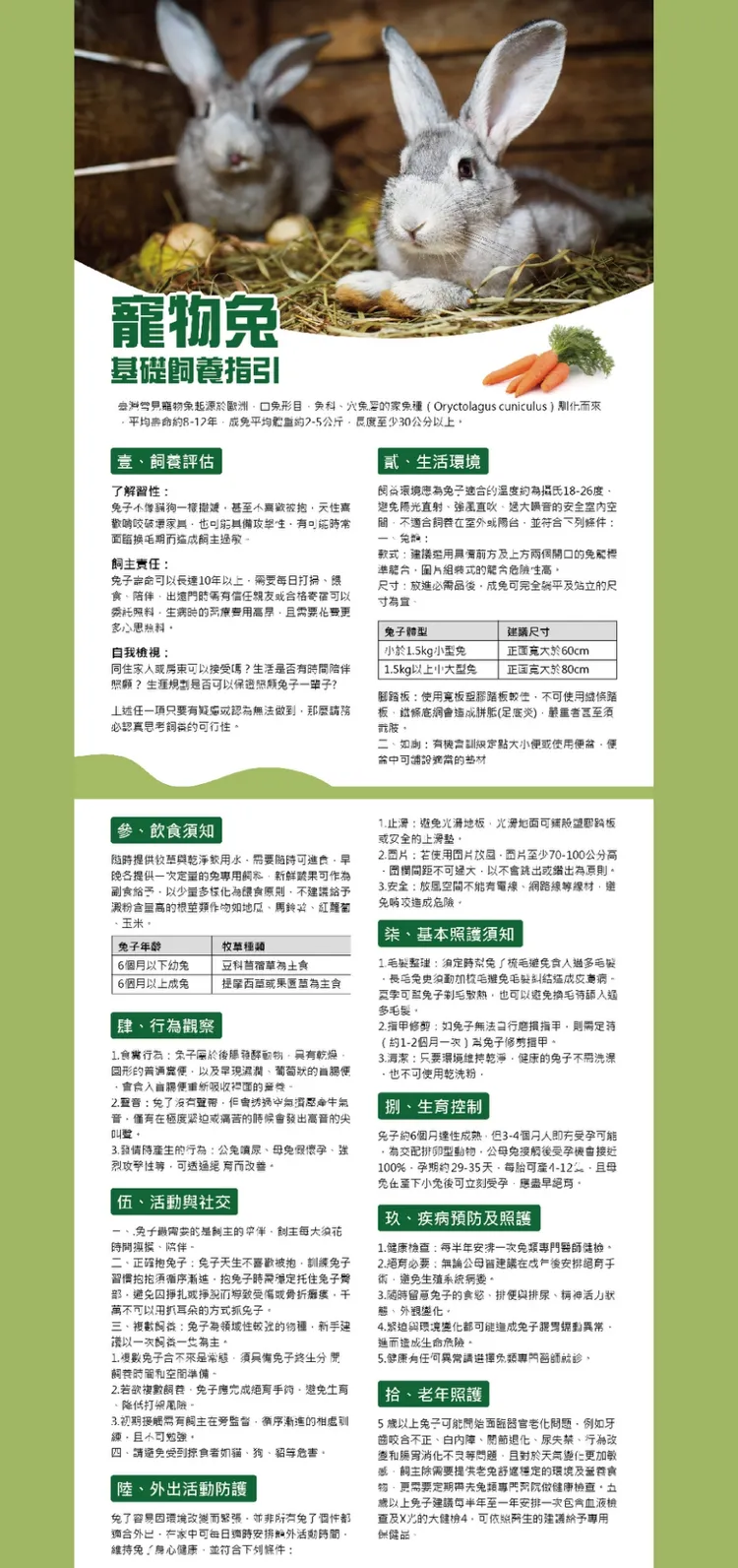 寵物兔基礎飼養指引放於動保處官網，歡迎民眾下載閱讀。動保處提供