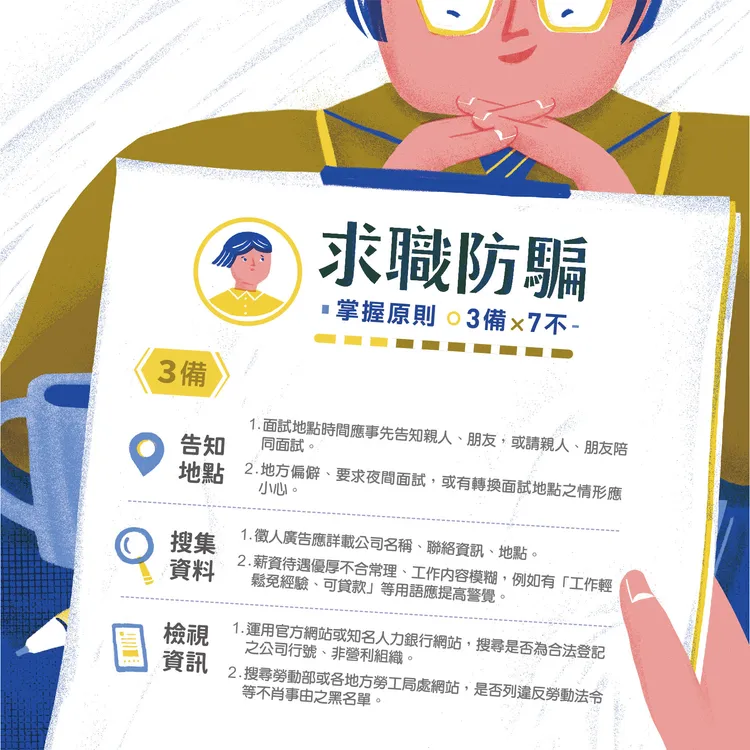 「三備七不」秘笈，破解求職詐騙陷阱。市府提供