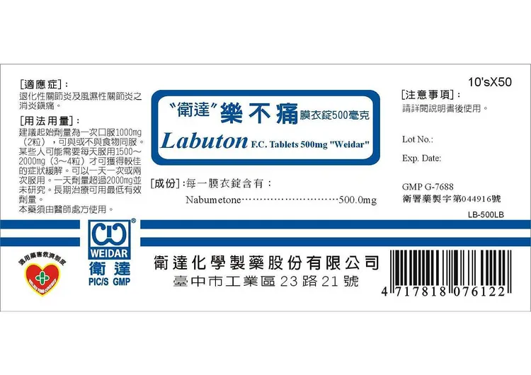 樂不痛膜衣錠500毫克瓶貼。食藥署提供