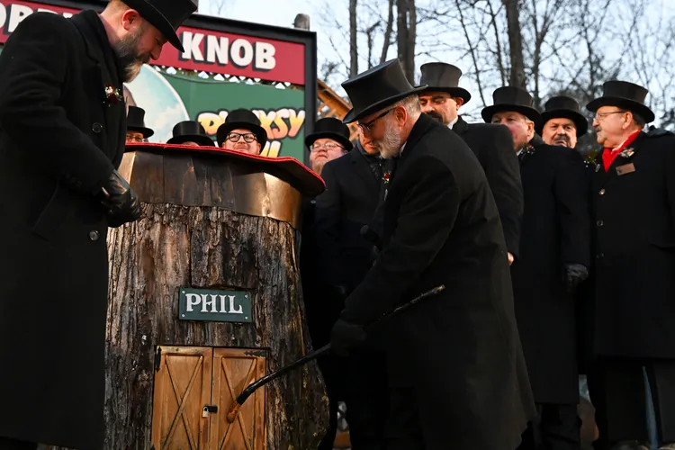 活動主辦人敲門喚醒菲爾，請牠出來預測天氣。美聯社