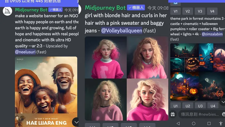 只要輸入你要的關鍵字，如圖一像是要求要是要求，非政府組織、地球上的人們、充滿希望幸福的笑容、發光的感覺、充滿希望等語句，AI就幫你算出你要的圖。引自Midjourney的Discord 頻道