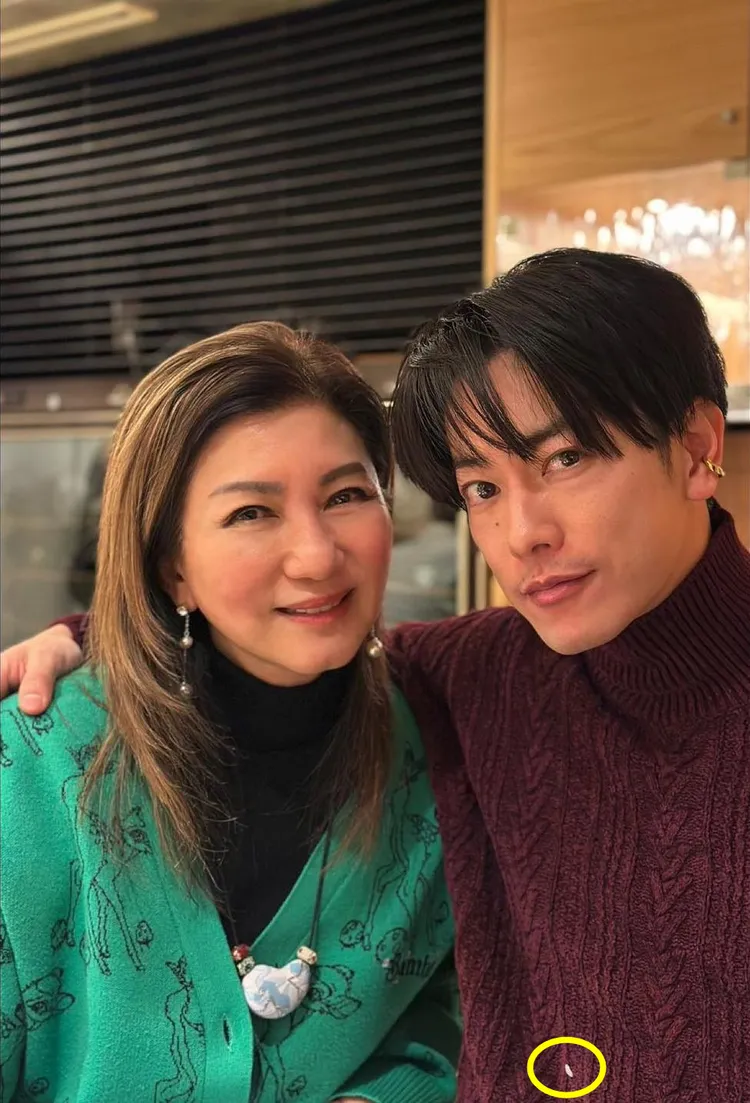 佐藤健穿著旗下品牌的高領毛衣，衣服上黏了一顆飯粒（黃圈處）。翻攝樂易玲IG