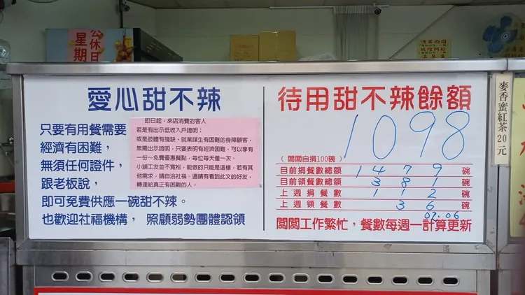 林老闆設置愛心餐幫助弱勢。取自城隍廟口甜不辣