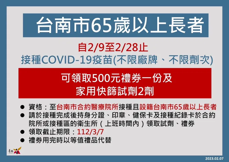台南市65歲長者施打疫苗，可獲500元禮券、快篩劑。衛生局提供