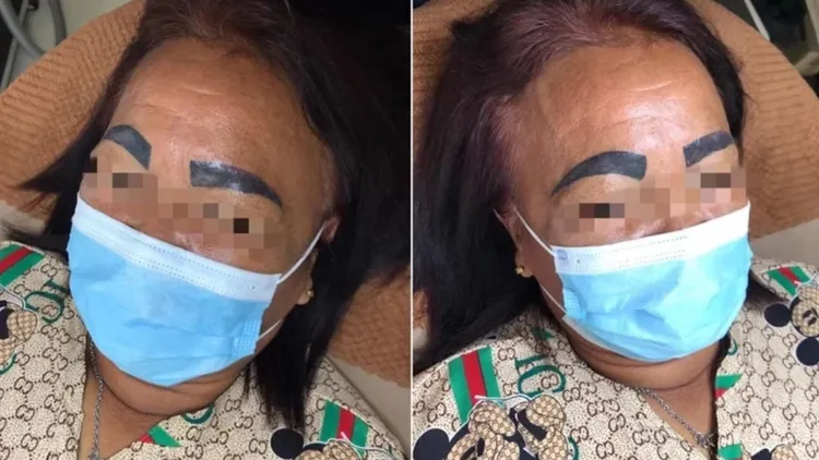 大媽原本以為會成為正妹，沒想到那對又濃、又粗、又黑的眉毛，讓她了「蠟筆小新」。翻攝臉書6D Eyebrow Tattoo Phetchabun By Ajarn Pangpond