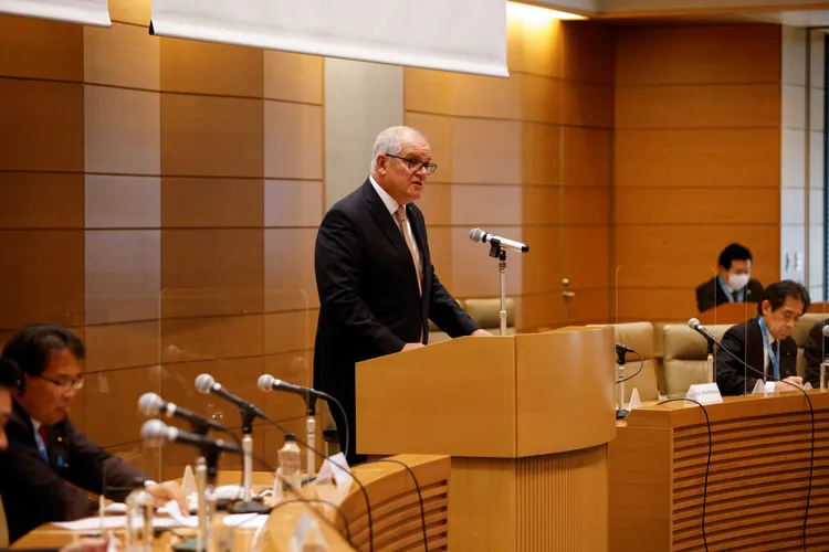 澳洲前總理莫里森與會發言。路透社