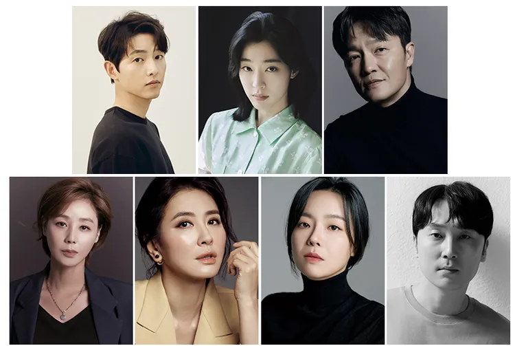Netflix今公布《路基完》卡司，由宋仲基（上排左起）、崔聖恩、趙漢哲、金成鈴（下排左起）、李壹花、李相喜、徐現宇演出。Netflix提供