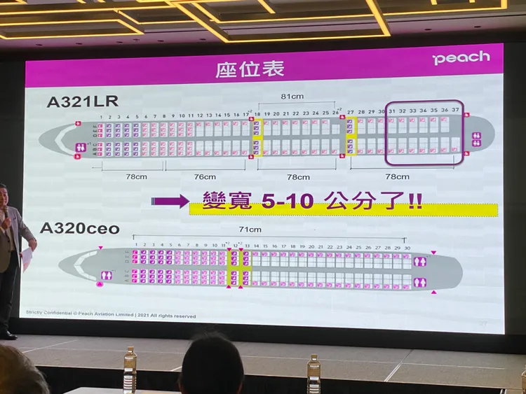 樂桃執行董事CEO森健明建議搭乘AirbusA321LR選擇18至26排座位座寬敞。陳怡文攝