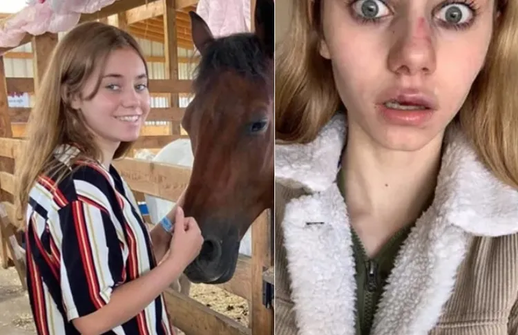 美國14歲美少女阿德里亞娜（左，翻攝臉書）遭到校園霸凌後，她身心崩潰的照片令人心痛與憤怒（右，翻攝臉書）。