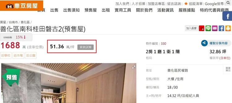 該屋開價5字頭，在區段極為罕見。翻攝惠双房屋網頁