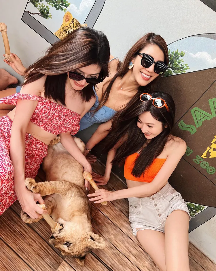 曾莞婷拍下她拿著奶瓶親餵小獅王照，並附上和姊妹們圍繞著小獅子合影照片，並問道：「這團是不是好香～。」翻攝《曾莞婷》粉絲頁