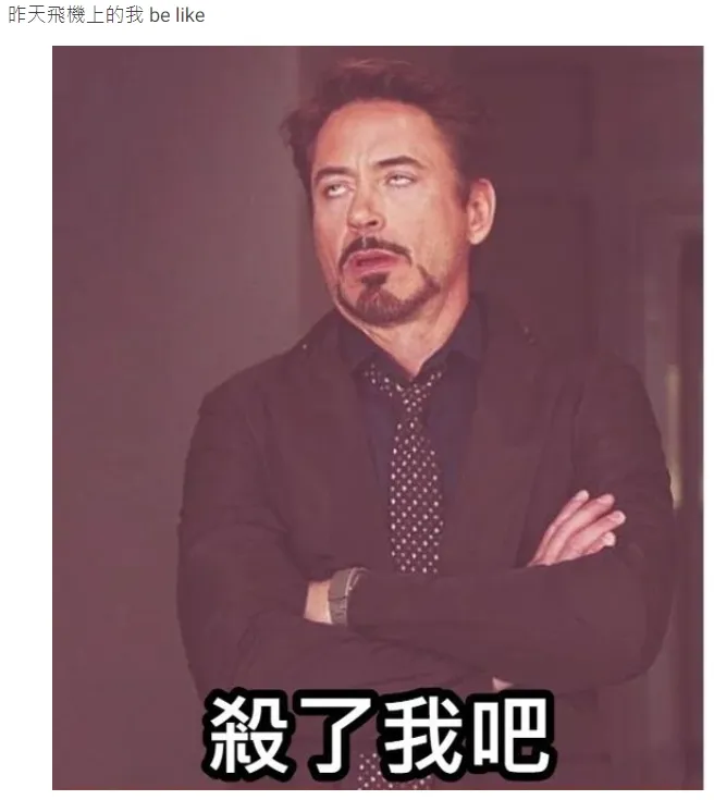 發文者貼梗圖抱怨，當時她被小小孩哭鬧吵到內心口白是「殺了我吧」。翻攝自論壇Dcard