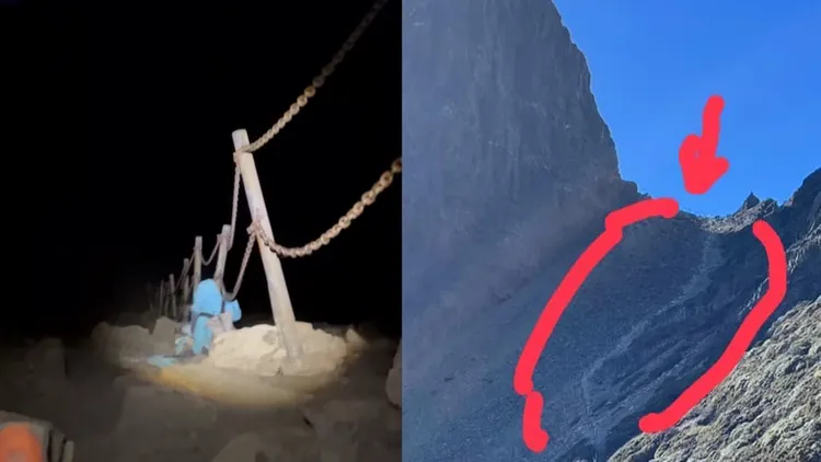 她形容自己壁虎一樣貼在山徑上爬行，右圖是她標示出當時攀爬的陡坡。鄭姓女登山客授權使用