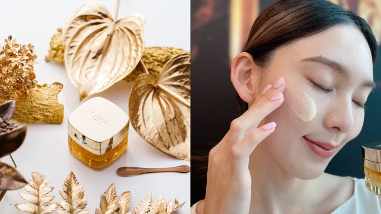 金致臻顏花蜜奢養輕盈日霜，60g／1550元。左圖品牌提供、右圖張家玲攝