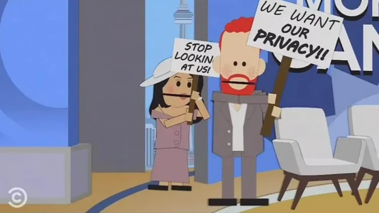 他們拿著寫著「我們要隱私」的看板上談話節目，極盡諷刺。達志