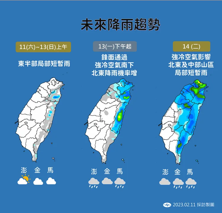 下周一晚間至周二水氣較多，北部、東半部有短暫陣雨。氣象局提供