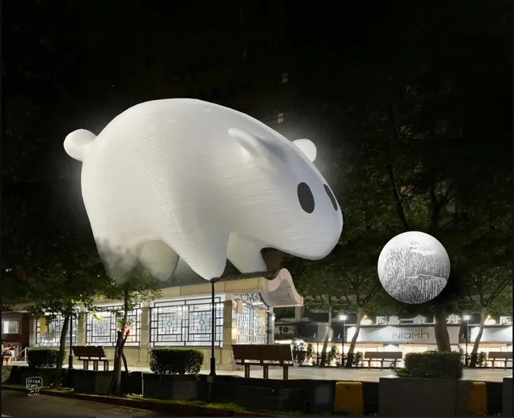 多次參與日本瀨戶內國際藝術節的日裔巴西籍藝術家大岩奧斯卡（Oscar Oiwa）創作的「光兔」於捷運國父紀念館站1號出口呈現。台北市觀傳局提供