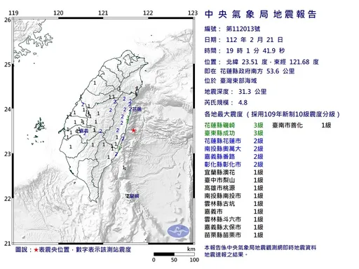 19:01地牛翻身！台灣東部海域規模4.8地震　最大震度3級