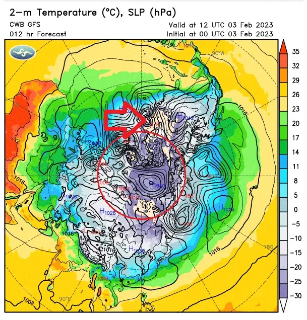 被深紫色環繞的米黃色是最冷的地方。翻攝自鄭明典臉書
