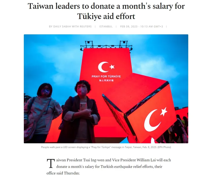 土媒體《每日晨報》9日報導「台灣領袖為土耳其救災捐1月所得」。翻攝《每日晨報》