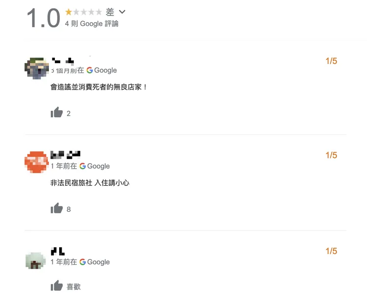 旅社被網友評為一顆星。翻攝google