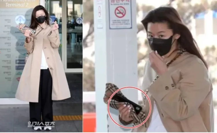 全智賢手裡拿著手機，手機殼上有妙花種子的貼紙。翻攝日刊體育