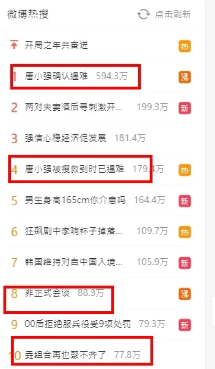 今日和唐小強相關的熱搜，就霸占前10名榜單中的快一半。引自微博