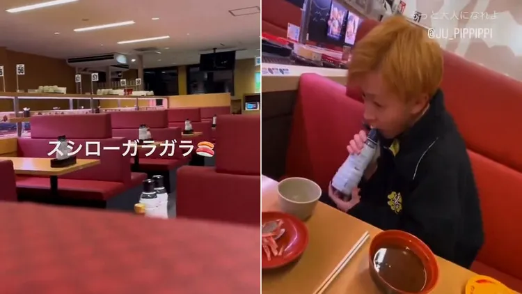 高中生舔了壽司郎醬油罐影片曝光後，讓許多日本顧客不敢到壽司郎消費。翻攝自推特