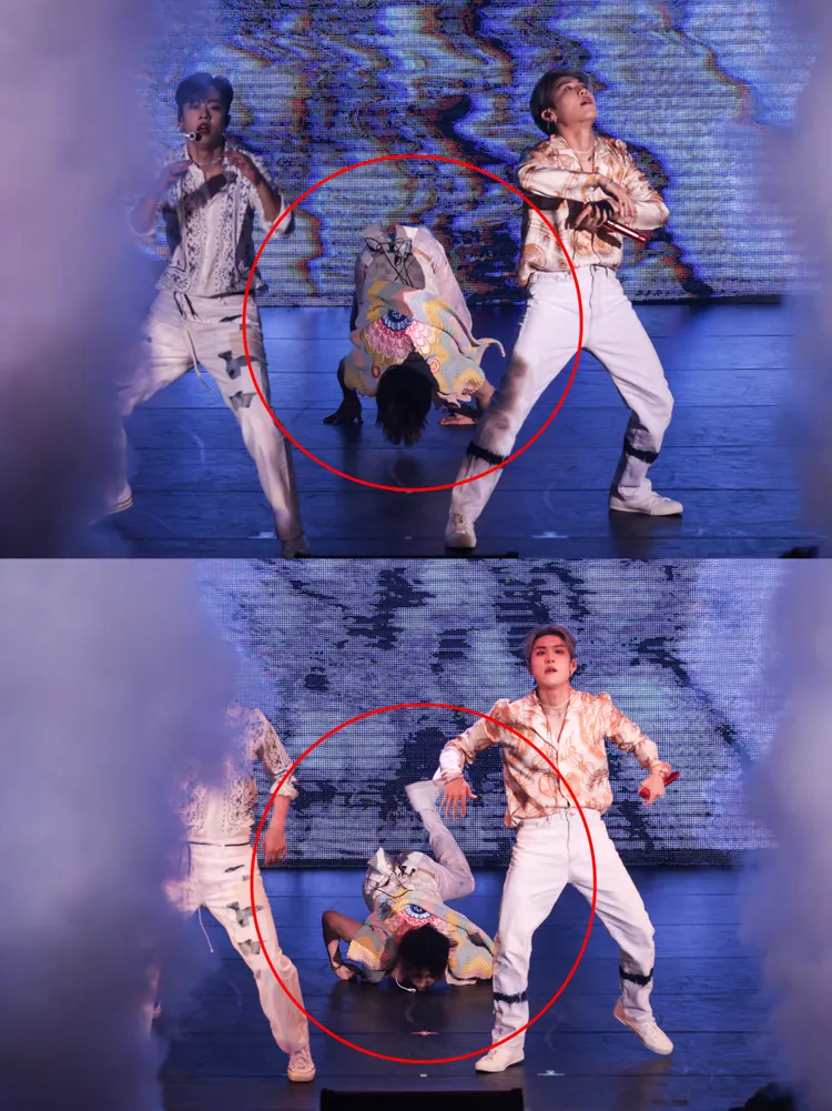 田雄（紅圈處）表演《HOLLYWOOD》時撐地動作失誤，正面趴地，左手受傷。鄭孟晃攝