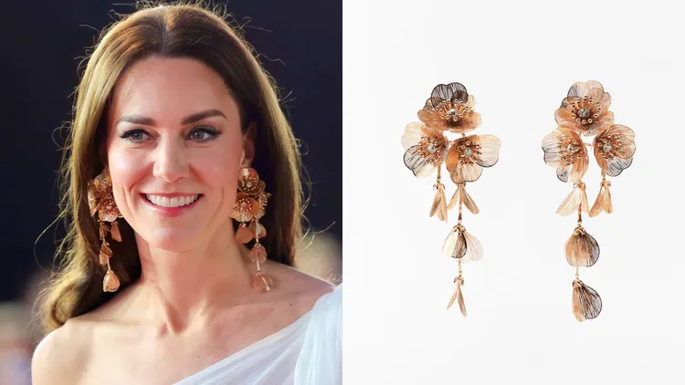 凱特王儲妃（左，翻攝royalfashionpolice IG）維繫一貫親民風，選戴了出自西班牙快時尚品牌ZARA的金屬花朵耳環（右，翻攝ZARA官網）搭配優雅禮服；ZARA花朵長耳環，790元。