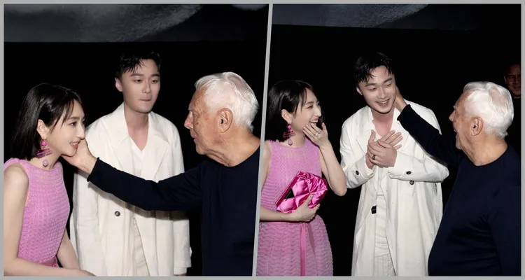 時尚傳奇大師Giorgio Armani在EMPORIO ARMANI秀場後台如同慈祥的爺爺般，輕撫施柏宇和柯佳嬿的臉頰，「摸臉殺」讓兩人在離場後直說「不敢相信」。品牌提供