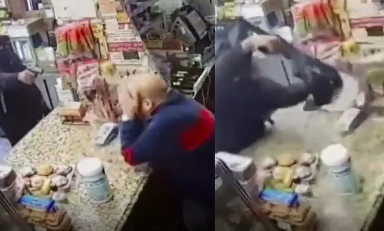 槍手先以手槍（左圖），再以自動步槍AR-15槍擊老闆。翻攝twitter/NewYorkPoliceDepartmentQueen