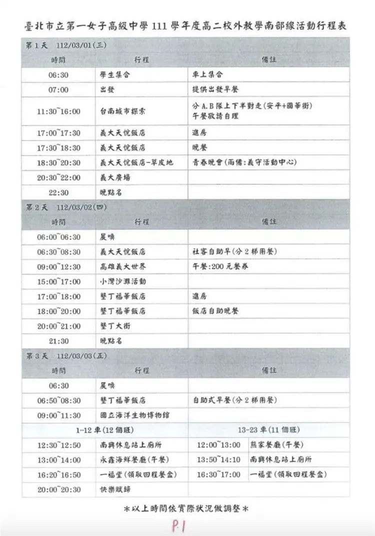 北一女學生質疑畢旅行程是否有6450元的價值。取自dcard