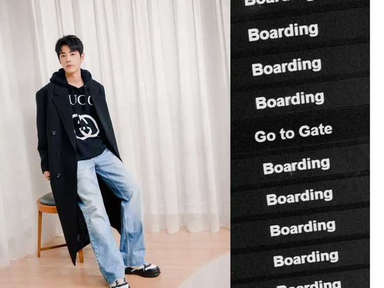 肖戰日前搭機飛米蘭的機場時尚，穿上GUCCI黑色連帽T恤、長版大衣和運動鞋，一身輕鬆休閒。翻攝肖戰工作室微博