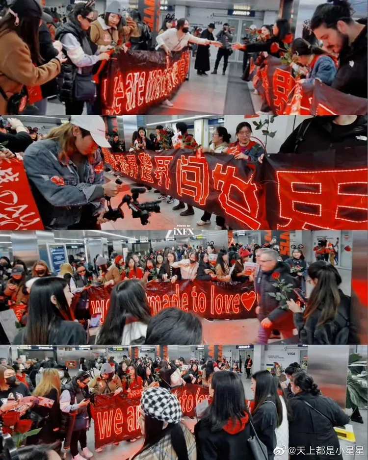 肖戰昨抵達米蘭機場時，即有大批中國粉絲透過網路社群平台串連，到場接機。翻攝天上都是小星星微博