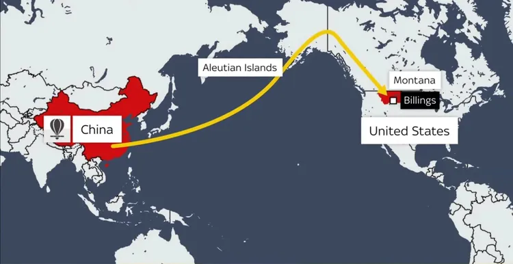 多位專家推測，氣球從中國中部地區出發。翻攝推特