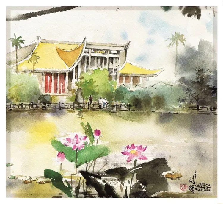 國父紀念館典藏陳陽春老師水彩畫作作品〈逸仙．荷蹤〉（國父紀念館提供）／引自文化部