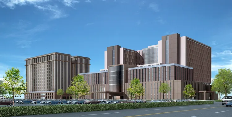 屏東縣健康產業園區建築模擬圖，涵蓋屏東義大醫院醫療大樓、產後護理之家。義联提供