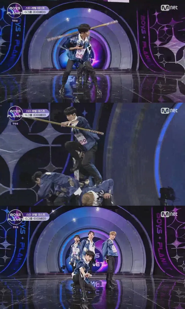 陳冠叡手持花槍飛越3名隊友，繞頸旋轉豔驚四座。翻攝Mnet