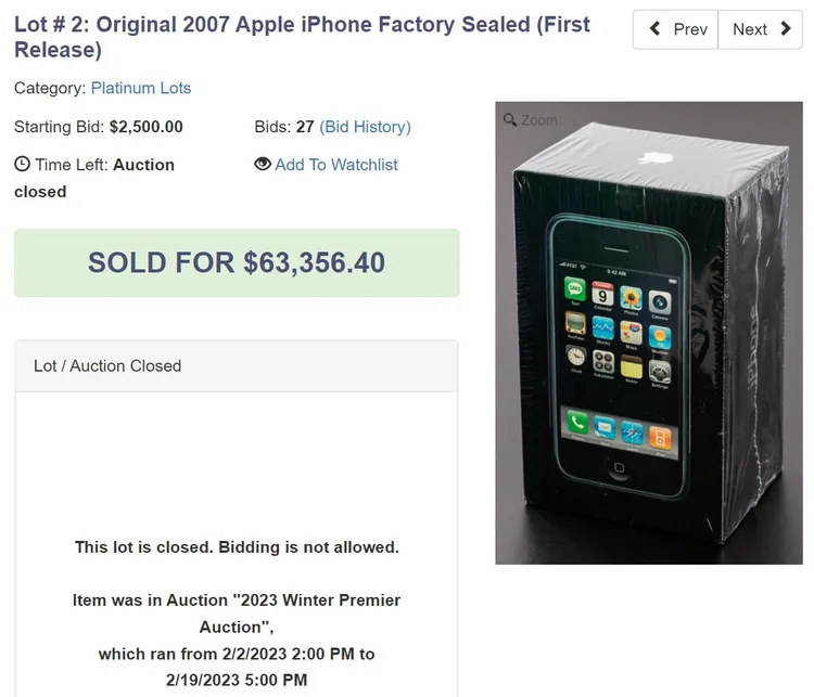 1支未拆封初代iPhone日前以63356.4美元價格拍出。翻攝拍賣行LCG Auctions網站