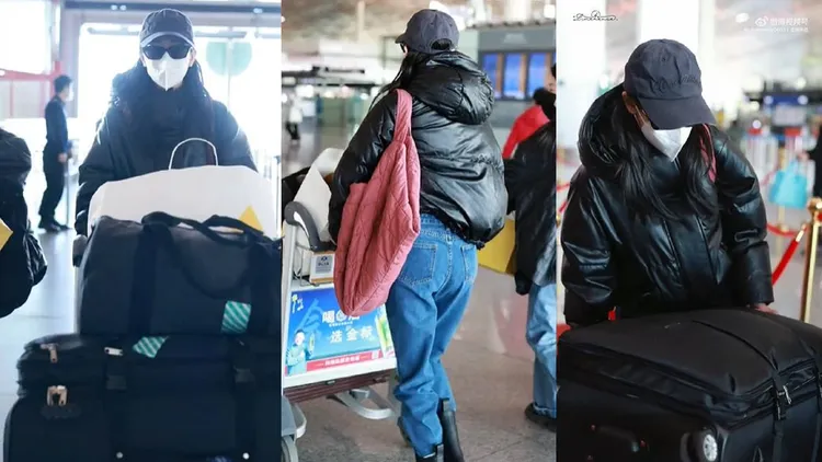 迪麗熱巴推著3大件行李，也自己卸貨。翻攝Limerence0603丨迪麗熱巴微博