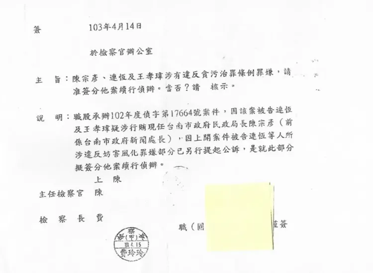 陳琬惠曝光當初檢方請示上級分案查王孝瑋涉行賄陳宗彥的簽呈，費玲玲並在簽呈上核章，最後卻被疑不了了之。陳琬惠提供